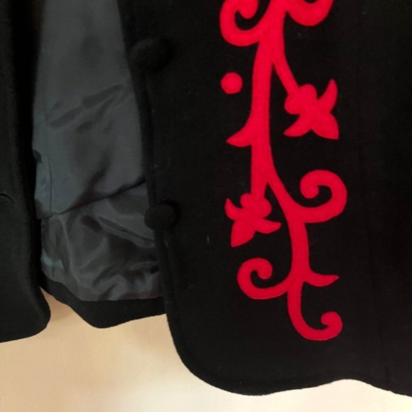 Jacket tailored Collarless Hip length Sz M Wool Blend Black with Red felt Floral - Picture 8 of 16